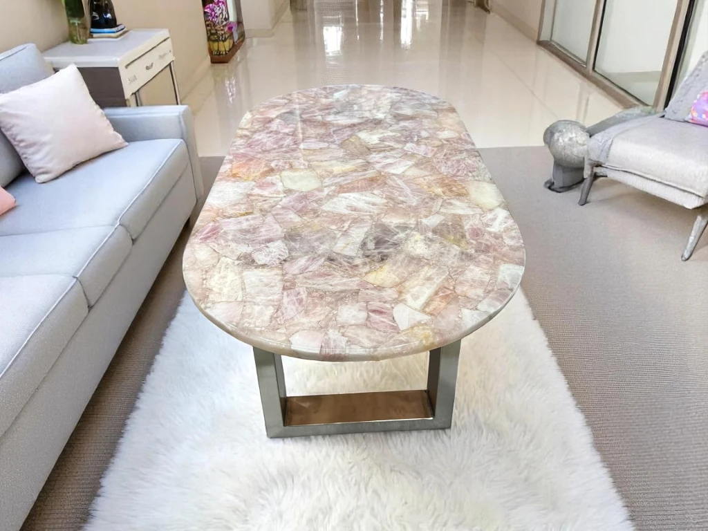 Pink Rose Quartz Stone Top Bar Table : Free Shipping 